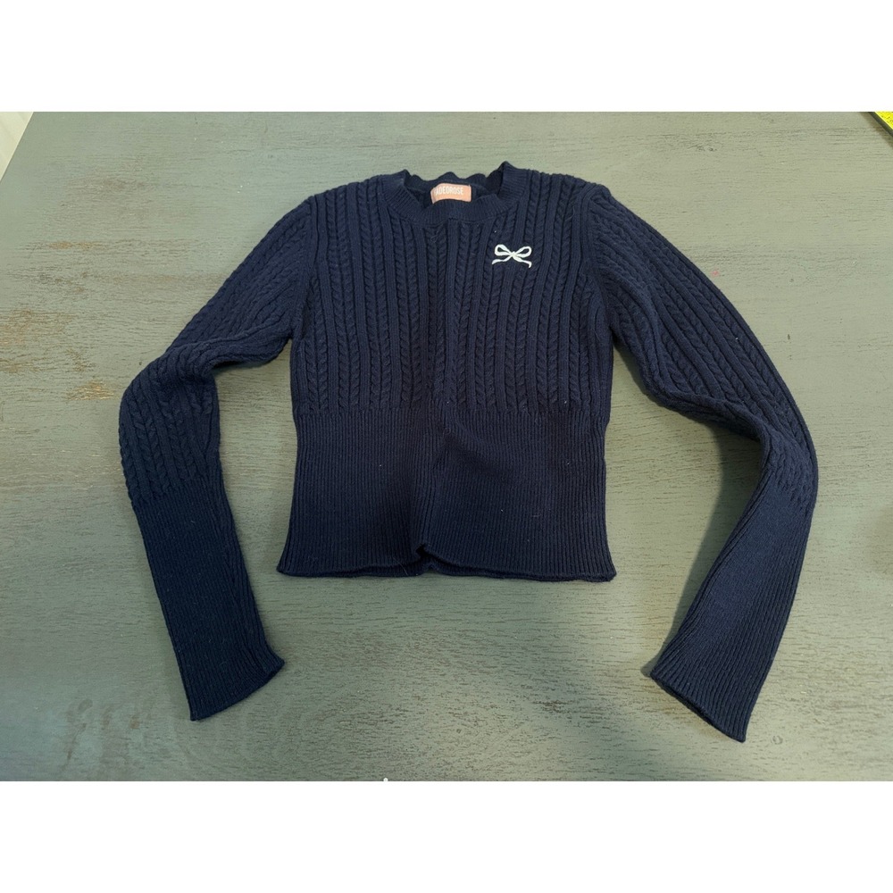 Faded Rose Navy Blue Cable Knit Bow Sweater Coquette Ribbed Pullover Medium